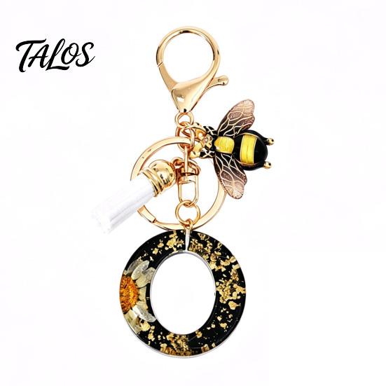 Talos Black Series Keychain Pendant, Dried Flower Initial Letter Charm Key Chain with Bee Tassel Design, A-Z Holder for Bag Purse Backpack