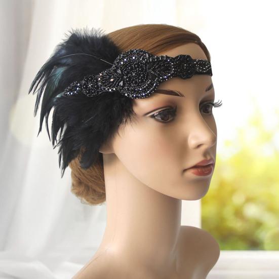 Women Flapper Headband Faux Pearls Feather Tassels Rhinestones