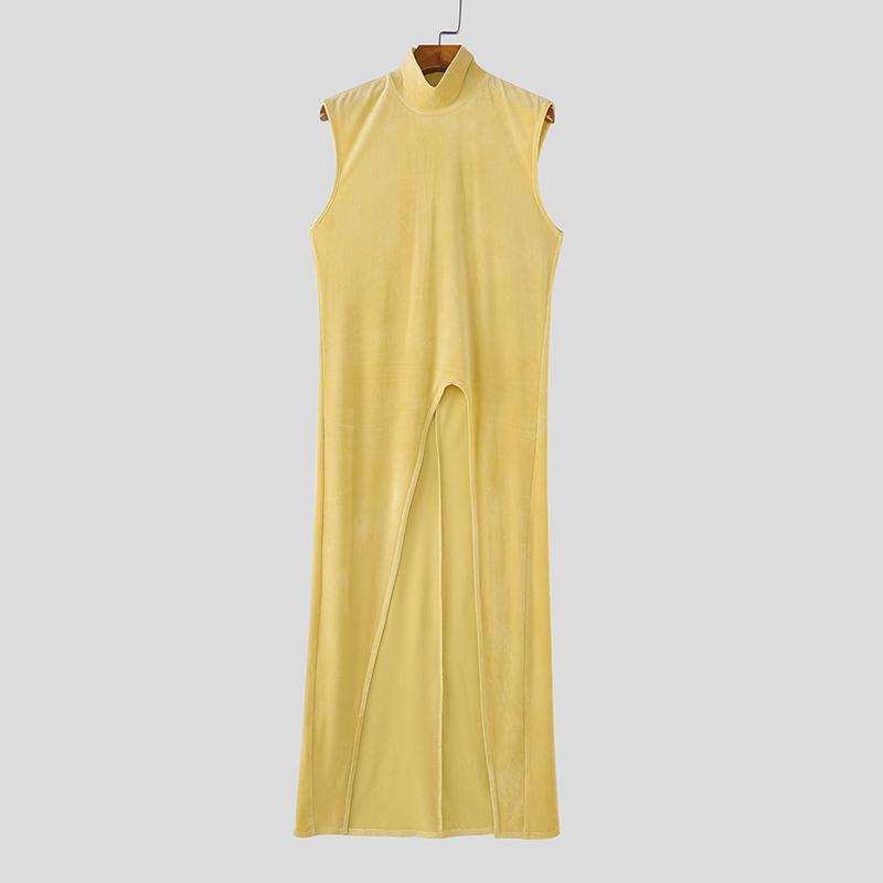 INCERUN Men Turtleneck Sleeveless Ribbed Splits Tops High Low  Long Tunic T-shirts