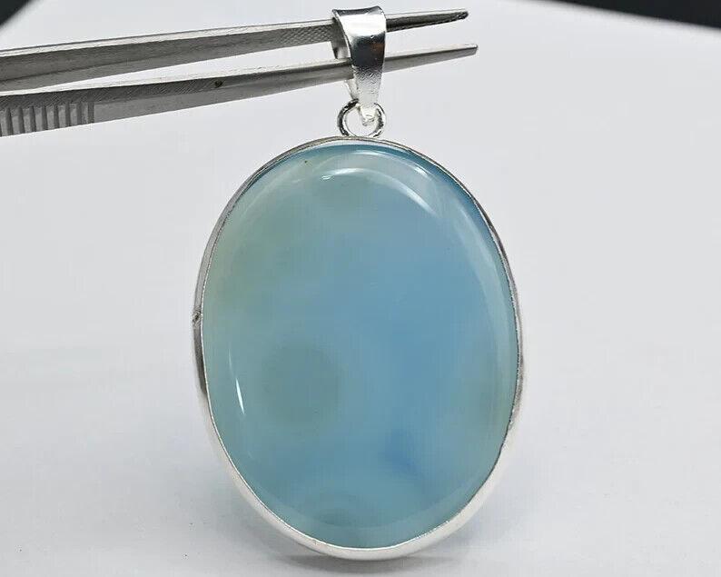 925 Sterling Silver Pendent Oval Blue Chalcedony Handcrafted Pendant