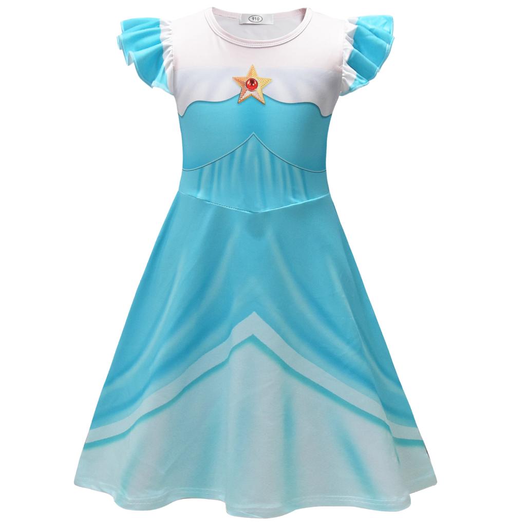 RRosalina Dress Girls Children Halloween Costume Game Role Play Princess Dress Short Sleeve with Crown and Magic Wand 