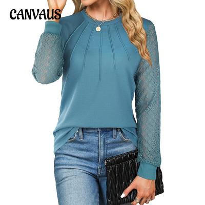Spring Autumn Women's Plus Size Waffle Lace Splicing Long Sleeve Round Neck Top