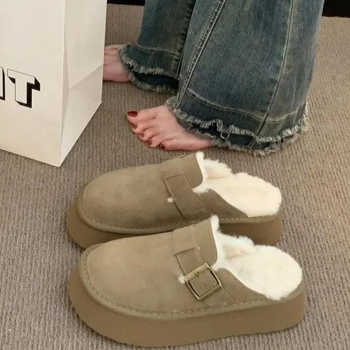 Fashion Shoes Woman 2025 Round Toe Clogs Platform Loafers Fur Female Footwear New Winter Creepers Dress Rubber Med Fabric Snow Boots Sli