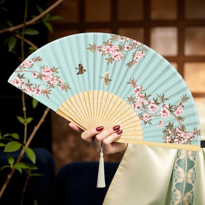 Ventilador Portátil de Mão Dobrável Estilo Chinês Adereços de Dança Ventilador de Concha Retrô Mulher Homem Madeira de Bambu Seda Flor Ventilador Dobrável