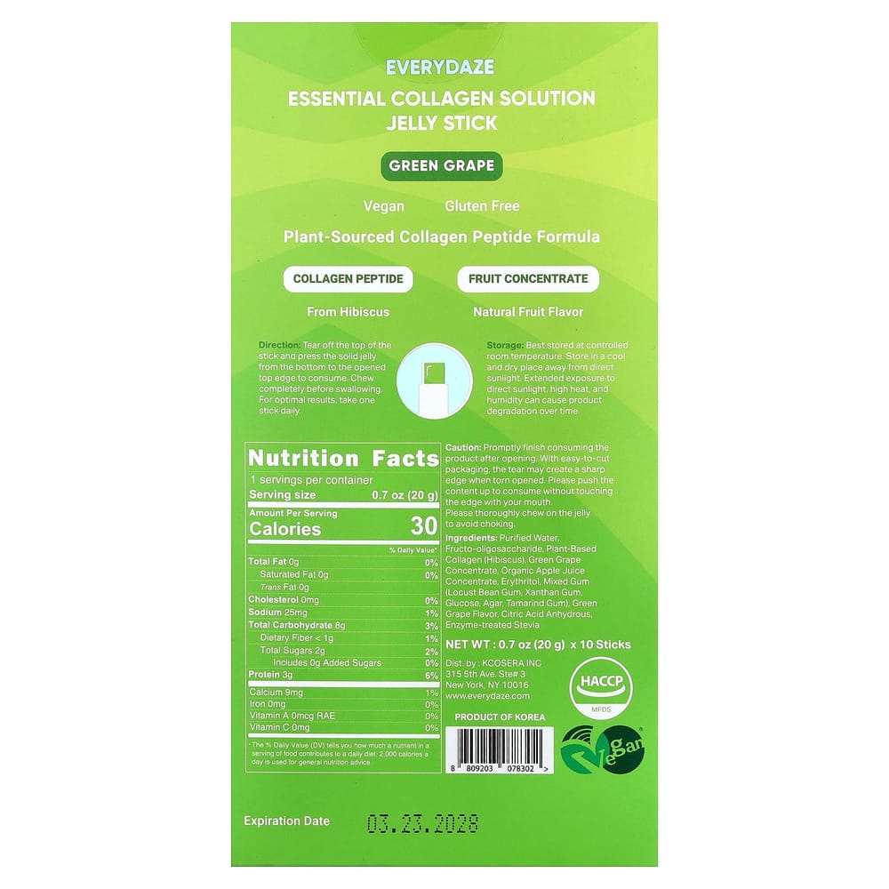 Everydaze Essential Collagen Solution Jelly Stick, Green Grape 3000mg, 10 Count (20g Each)