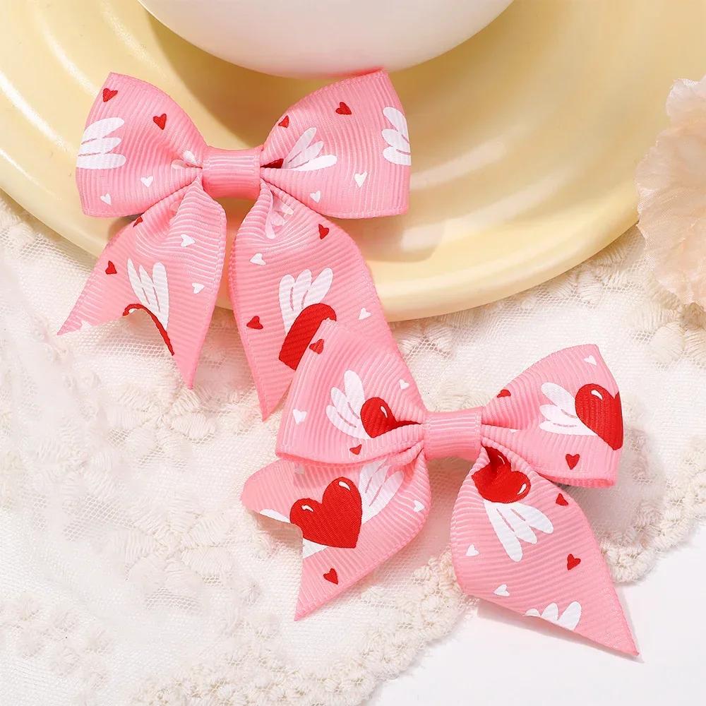 2Pcs/set 2.36''  Valentine's Day Printed Bow Hairclips for Girls Children Ribbon Hair Bows Clip Cheer Up Hair Accessories Gifts