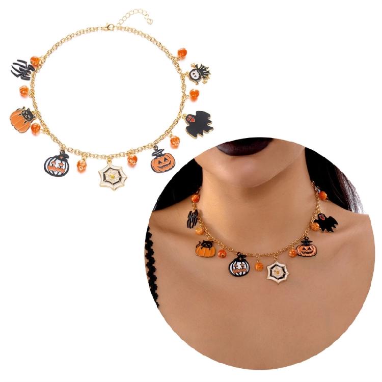Halloween-Themen-Halskette mit Katzen-Kürbis-Anhänger, bequeme Legierung, verstellbar, Party-Schmuck