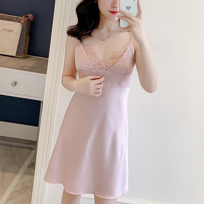 Sexy pajamas women's ice silk summer thin style with chest pad suspender lace nightdress lace back new model