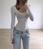 In Stock: Sexy Skin-Friendly Nude Cotton U-Neck Long Sleeve Bodysuit - Slimming Fit
