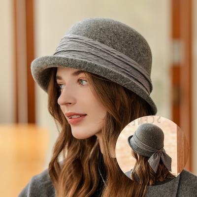 Women Party Formal Headwear Bucket Hat Lady Winter Fashion Asymmetric Ribbon Bowknot 100% Wool Felt Hats