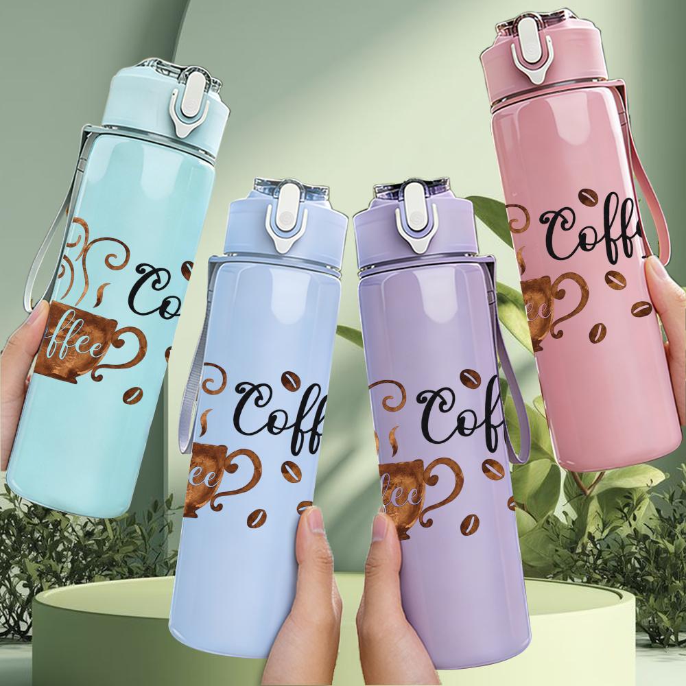 1PC Vintage Coffee Time Text 750ml Color Plastic Sports Water Bottle Leakproof Flip Straw Lid Suitable for Sports Office Home Use