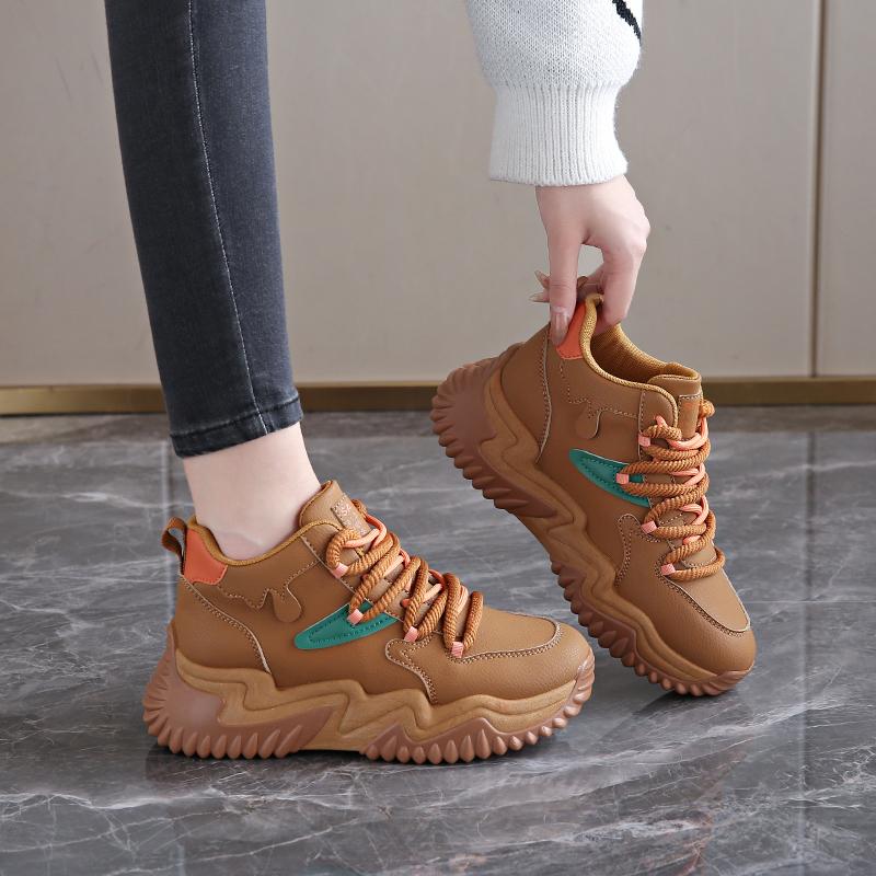 Spring and Autumn high-top sneakers size platform dad shoes show small feet new leather casual shoes