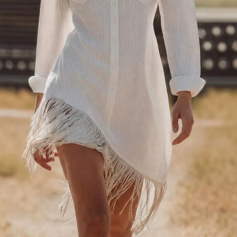 Western Style Vintage Fringe Midi Dress Loose Fit Long Sleeve V Neck Solid Color Casual