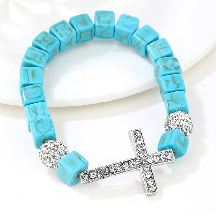 Turquoise Stone Crosses Stretch Bracelet Metal Beaded Elastic Jewelry Portable for Daily or Special Event