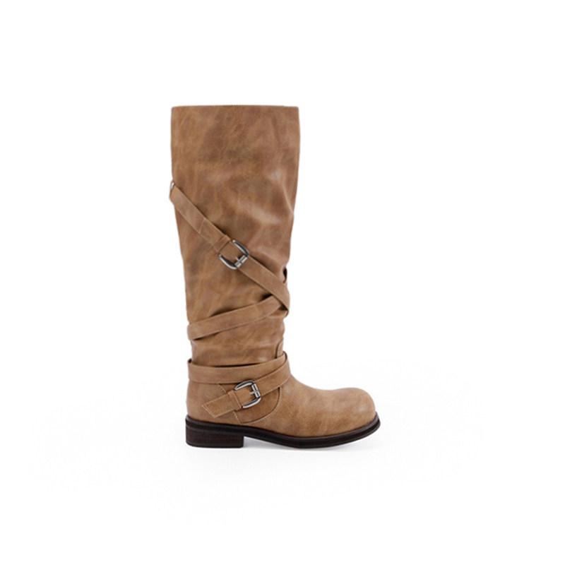 3.5Cm thick heel large tube circumference old belt buckle round head stack knight boots 2026 autumn new