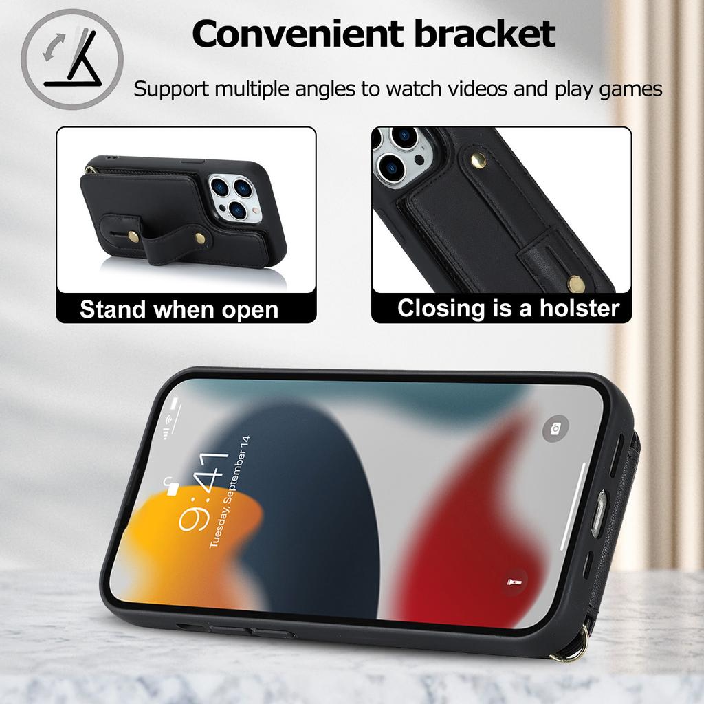 For iPhone 16 Pro Max Case Kickstand Card Slots Leather Coated TPU Cover with Shoulder Strap