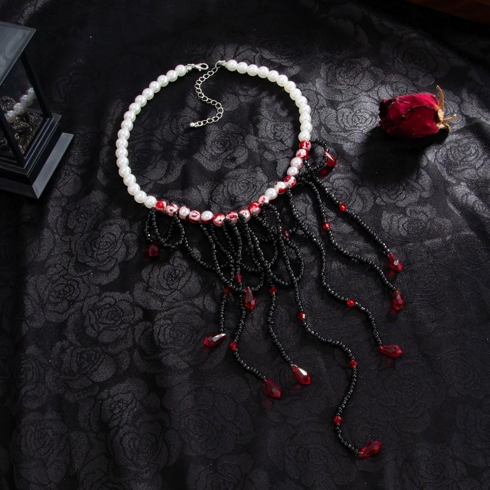 Red Blood Drop Necklace Multilayer Gothic Jewelry Retro Halloween Choker Women