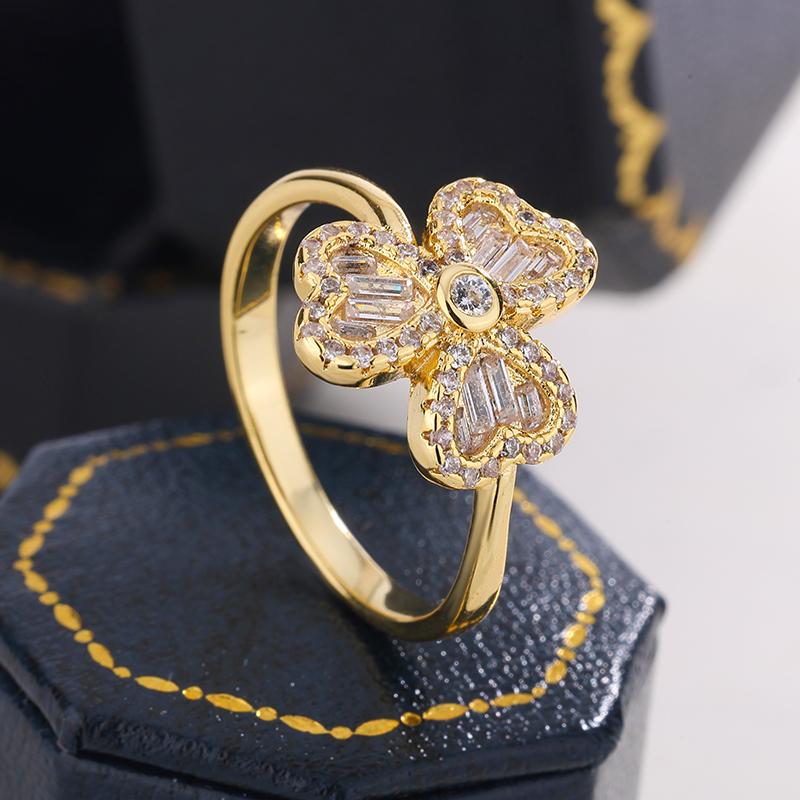 Classic Four-Leaf Clover full diamond Stackable Band 18K Gold Lucky Clover Ring for Women Symbol Jewerly Party Gift