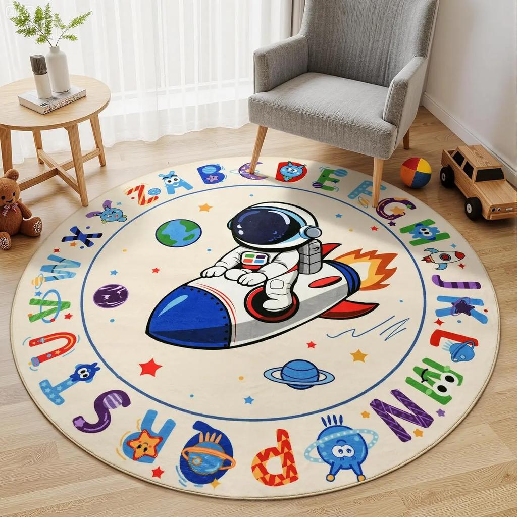 ABC Kids Alphabet Round Rug Washable Soft Nursery Rug,Non-Slip Educational Carpet with Space Astronaut Design for Classroom