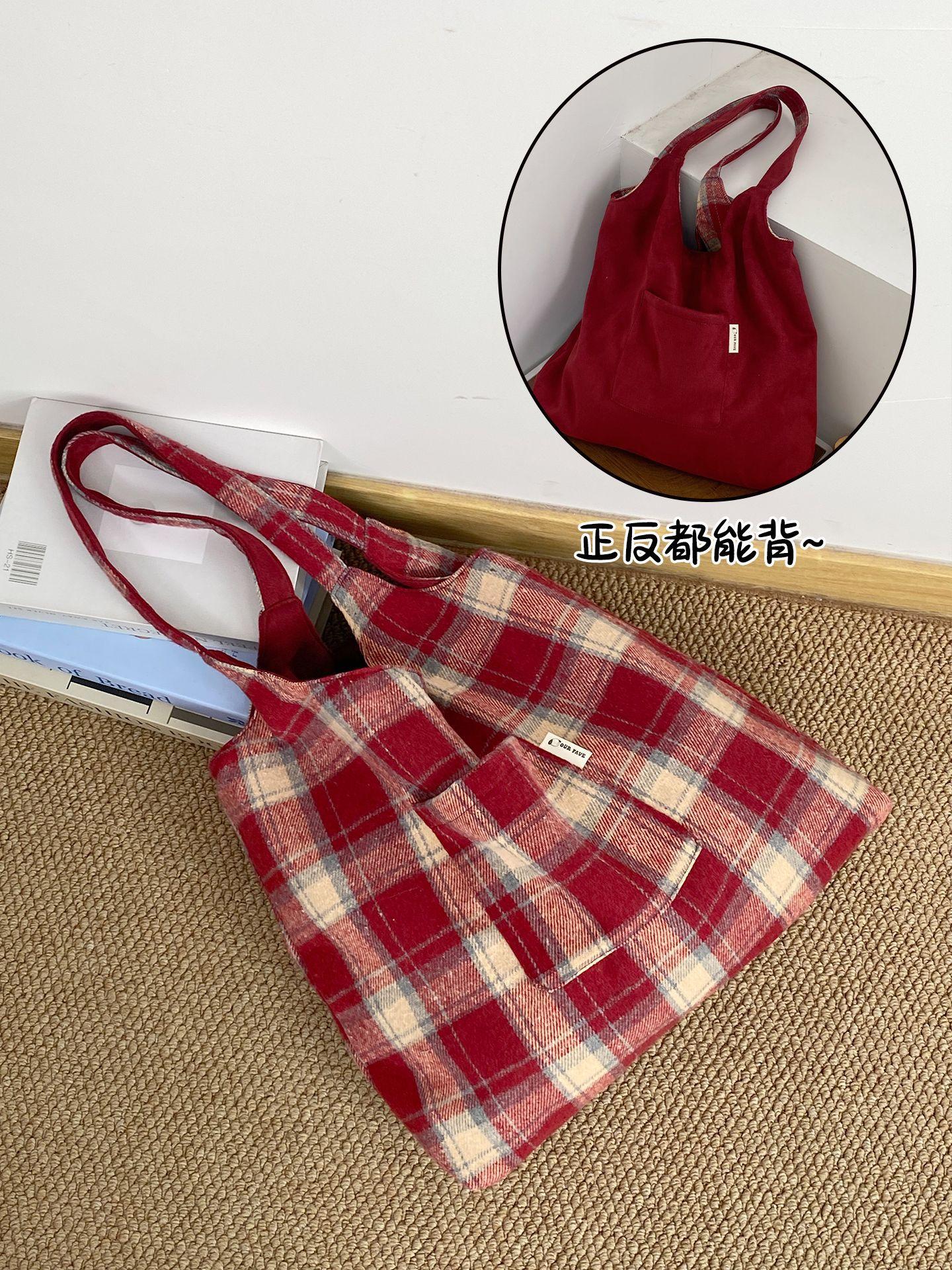 

Vintage Ctrast Color Plaid Women Woolen Shoulder Bag Suede Double-Sided Ladies Large Capacity Tote Portable Girls Vest Handbag красный