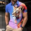 Lässiges Revers-T-Shirt Herrenmode Reißverschluss-T-Shirt Kurzarm-T-Shirt Herren 3D Herren Bunter Löwen-Print Print T-Shirt