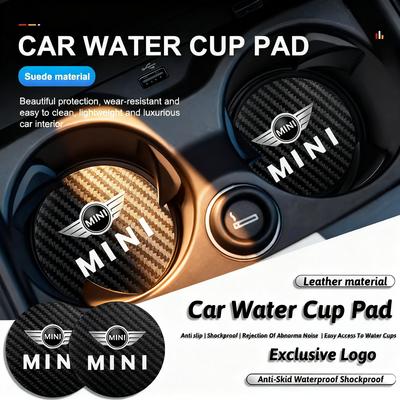 2Pcs Carbon Fiber Leather Coaster Anti-noise Water Cup Pad For MINI JCW Cabrio Cooper Countryman Aceman Clubman Coupe Paceman