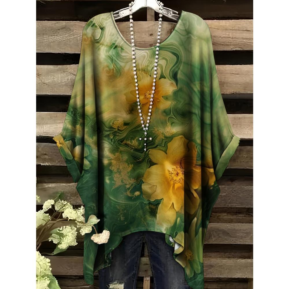 

Літній одяг Жіночий 2025 Темно-синій та Білий Квітковий Принт Елегантний Універсальний Дизайн Круглий Виріз Жіночий Короткий Рукав Y2k Топ 5XL