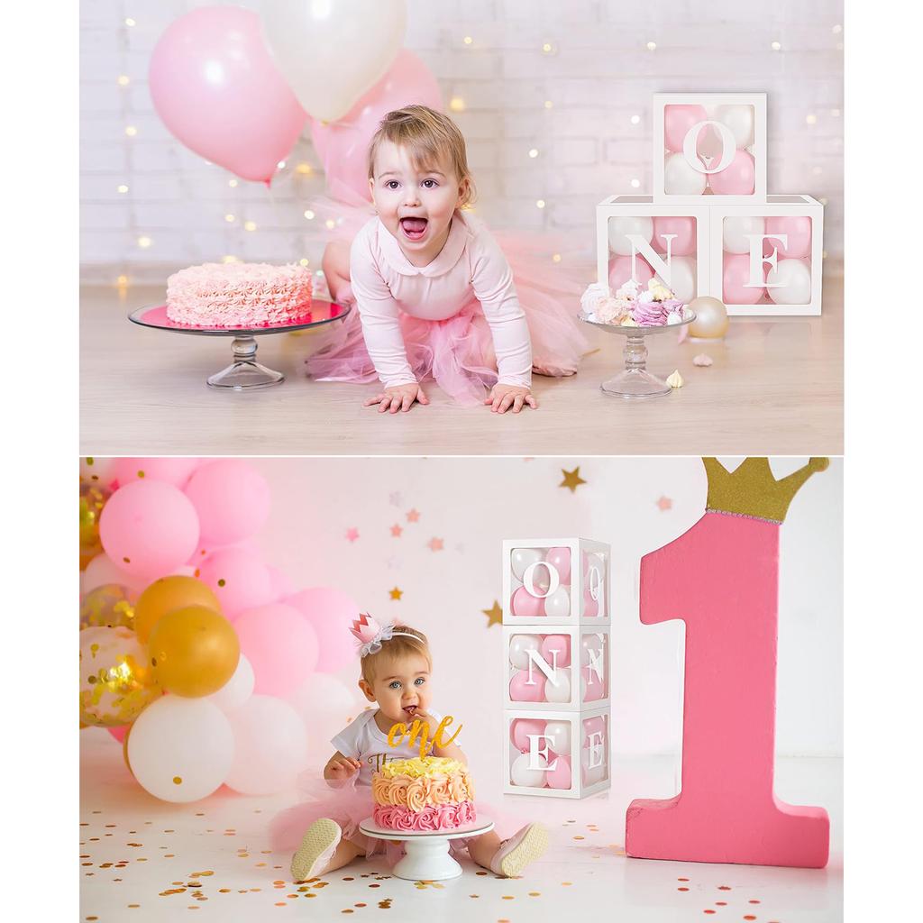 Baby Girl First Birthday Party Decoration Three Balloon Boxes with 24 Balloons for 1 Year Old Baby Birthday Party Backdrop Favor