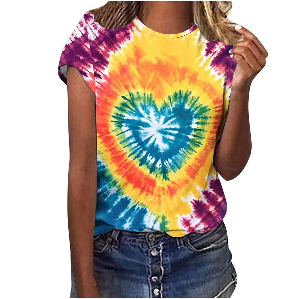 Heart Graphic 3D Print Tie Dye T-Shirts Women O-Neck Short Sleeve T Shirt Streetwear Y2k Harajuku Tees Basic Top Female Clothing