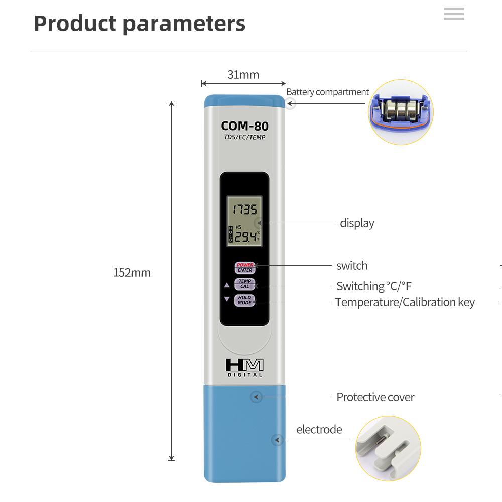 HM Digital 3 In 1 Water Quality Tester Portable TDS EC Temp Meter COM-80 Hydrotester Water Test Pen for Aquaclture Laboratory