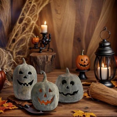 Resin Pumpkin Lantern with Hand-Carved Outdoor Indoor Autumn Festival Decoration Party Supplies HX6C