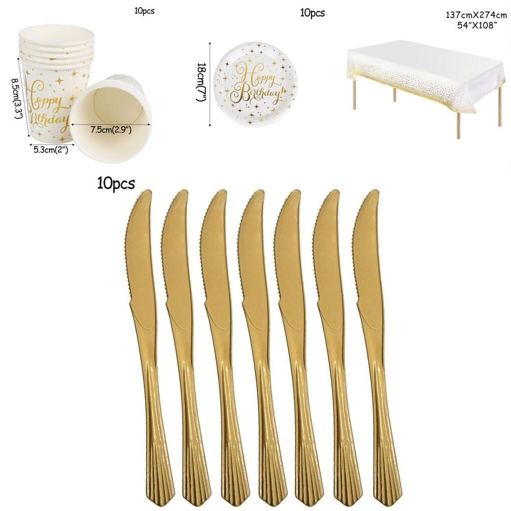 Elegant Gold Polka Dot Stamping Happy Birthday Party Decor Supplies Disposable Tableware Set