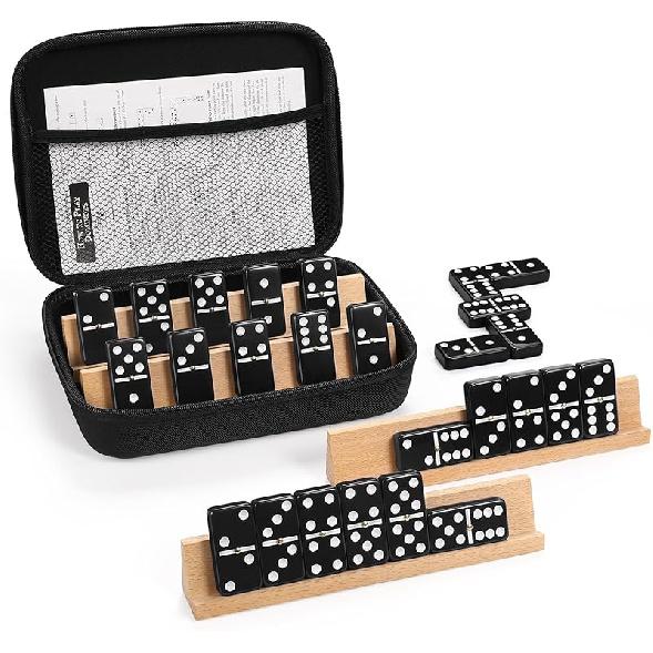 Набор домино Jumbo для взрослых с 4 деревянными подставками/лотками, дорожный набор домино Double 6 с портативным кейсом, набор домино Double Six с 4 держателями для костяшек, D6 Black + 4 Racks