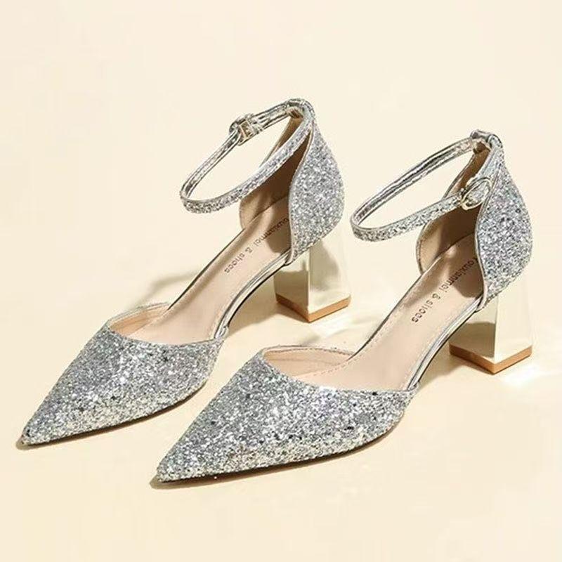 Sequins Hollow Word with Dress Elegant Single Shoes 2025 Spring and Summer New High Heels Women's Thick Heel Temperament Single Shoes