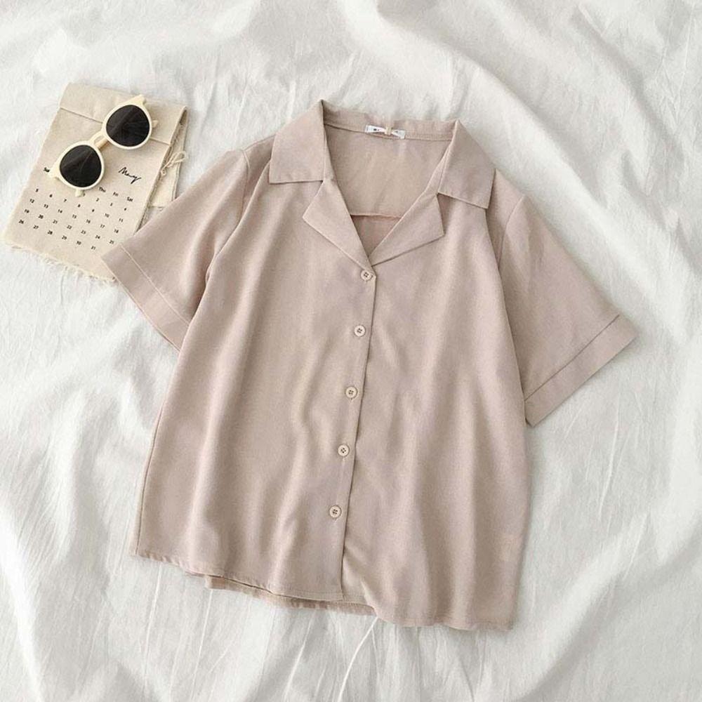 

Solid Basic Lapel Blouse Tops Single-breasted Women s Chiffon Blouse Office Lady M білий