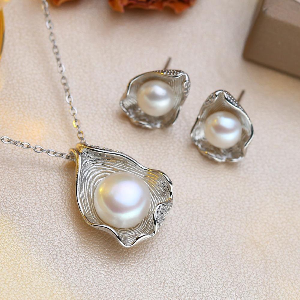 Fashion Leaves Leaf Necklace Earings Freshwater Pearl Jewelry Sets For Women Freshwater Pearl Necklace Pearl Earrings