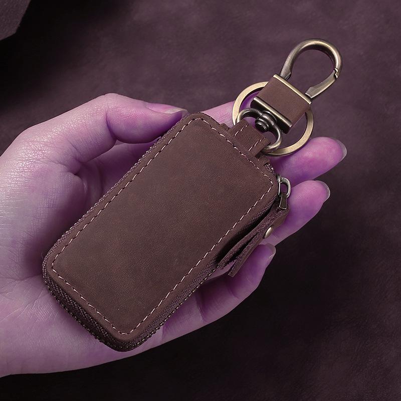 Car universal key cover Multifunctional single zipper Car key bag First layer Cowhide key Leather case Retro waist hanging
