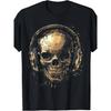 Men's black short sleeve crew neck t-shirt with gold skull wearing headphones graphic, soft cotton feel, edgy music lover style for casual daily wear