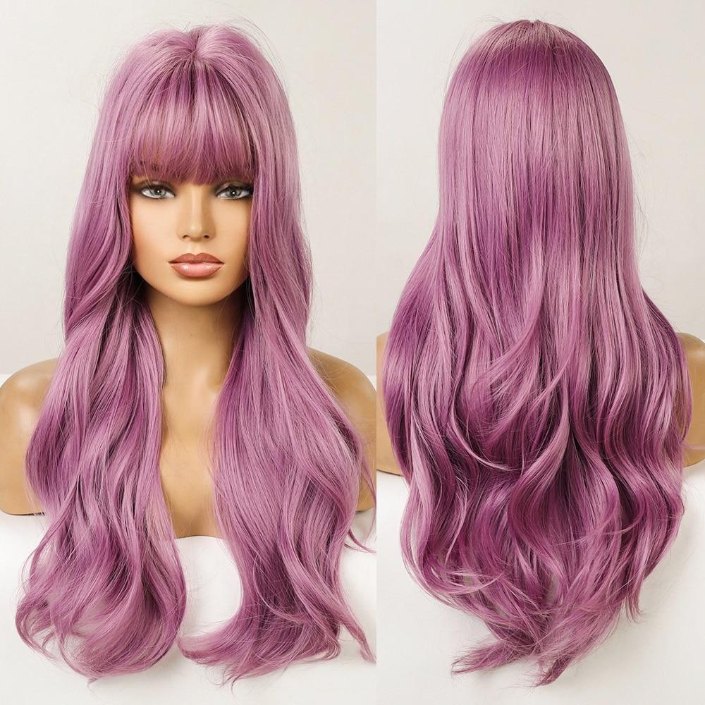 ALAN Synthetic Long Wavy Wigs with Bangs for Women Cosplay Natural Ombre Black To Pink Hair Wig High Temperature Fiber