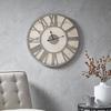 Farmhouse Rustic MDF Roman Numeral Wall Clock, Natural Wood & Grey Silent Non-Ticking Large Clock for Living Room Decor