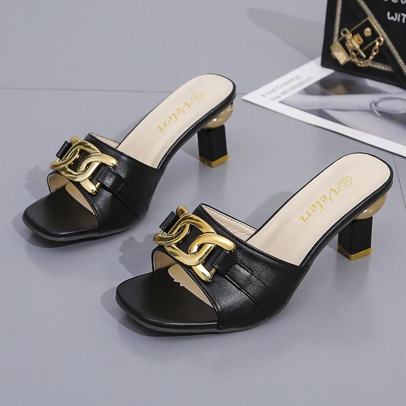 Summer Women's Slippers Sandals Shoes Female Golden Metal Chain Ladies Fashion Casual Slides Mules  Indoor Zapato Mujer