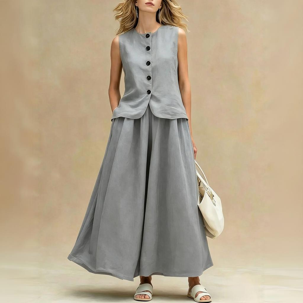 Women Sleeveless Button Front Vest Waistcoat and Long Skirt Two Piece Set Fashionable Solid Color Suit for Casual and Formal Wear
