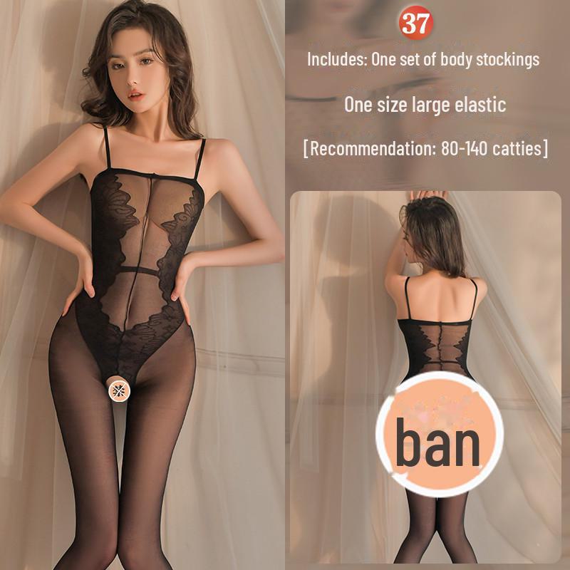 Erotic Black Mesh One-Piece Lingerie Set with Open Stockings - Tempting and Sexy