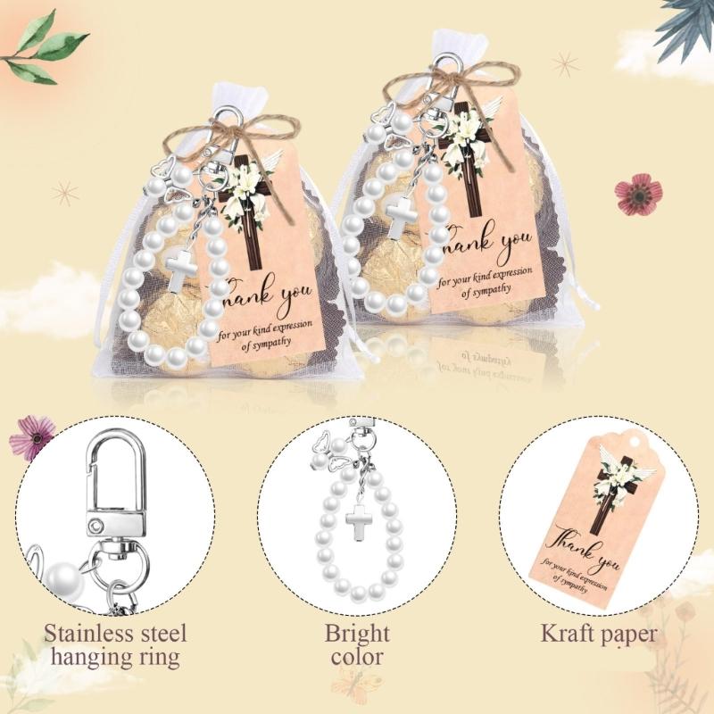 Pack Of 10Sets Pearls Crosses Keychains With Thank You Labels And Organza Bags For Wedding Baby Shower Baptism Party Favors