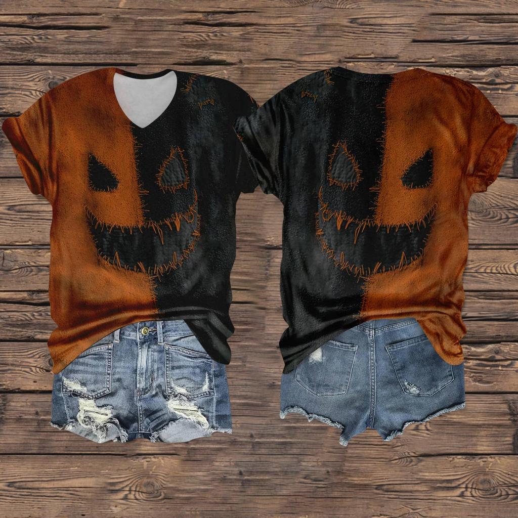 Women's Fashion Casual Three-quarter Sleeve Halloween Letters,  Face Print Top