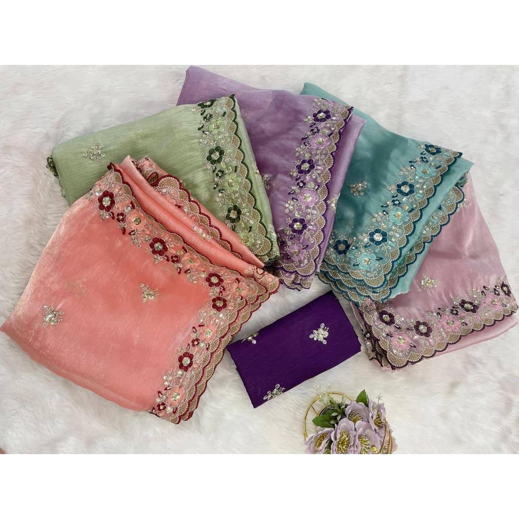 Premium Chiffon with C Pallu Embroidery Work and Multi Thread Work with Arco Cut Work Border Saree