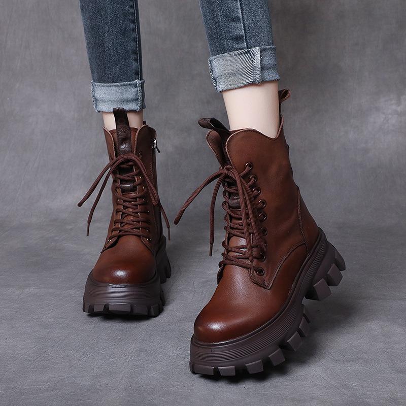 Women Genuine Leather Short Boots Round Toe Motorcycle Boots Handmade Retro Street Style Winter Warm Fur Women Flats Ankle Boots