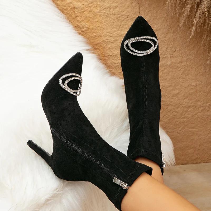 

Eilyken Winter Pointed Toe Woman Ankle Boots Sexy Elegant Crystal Thin High Heels Zipper Stripper Prom Shoes 35