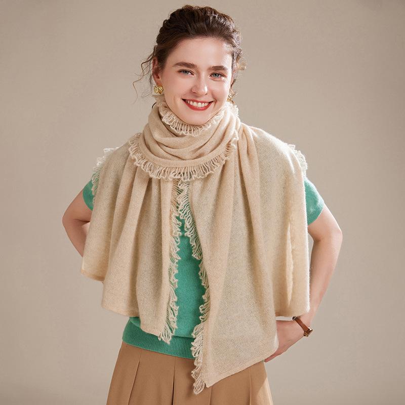 Women's 100% Pure Cashmere Scarf - 2024 Autumn/Winter Korean Style Tassel Knitted Shawl