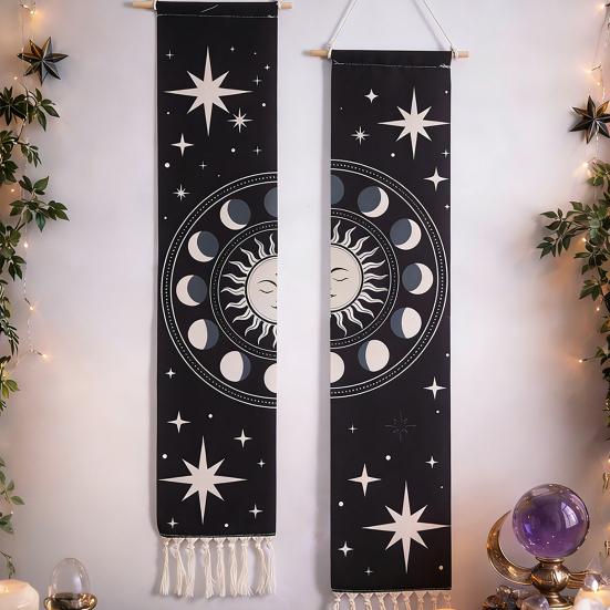 Fringed Tapestry, Soft Cotton with Sun Moon Star Prints Wall Hanging, Bohemian Style Doorway Curtain for Bedroom Living Room